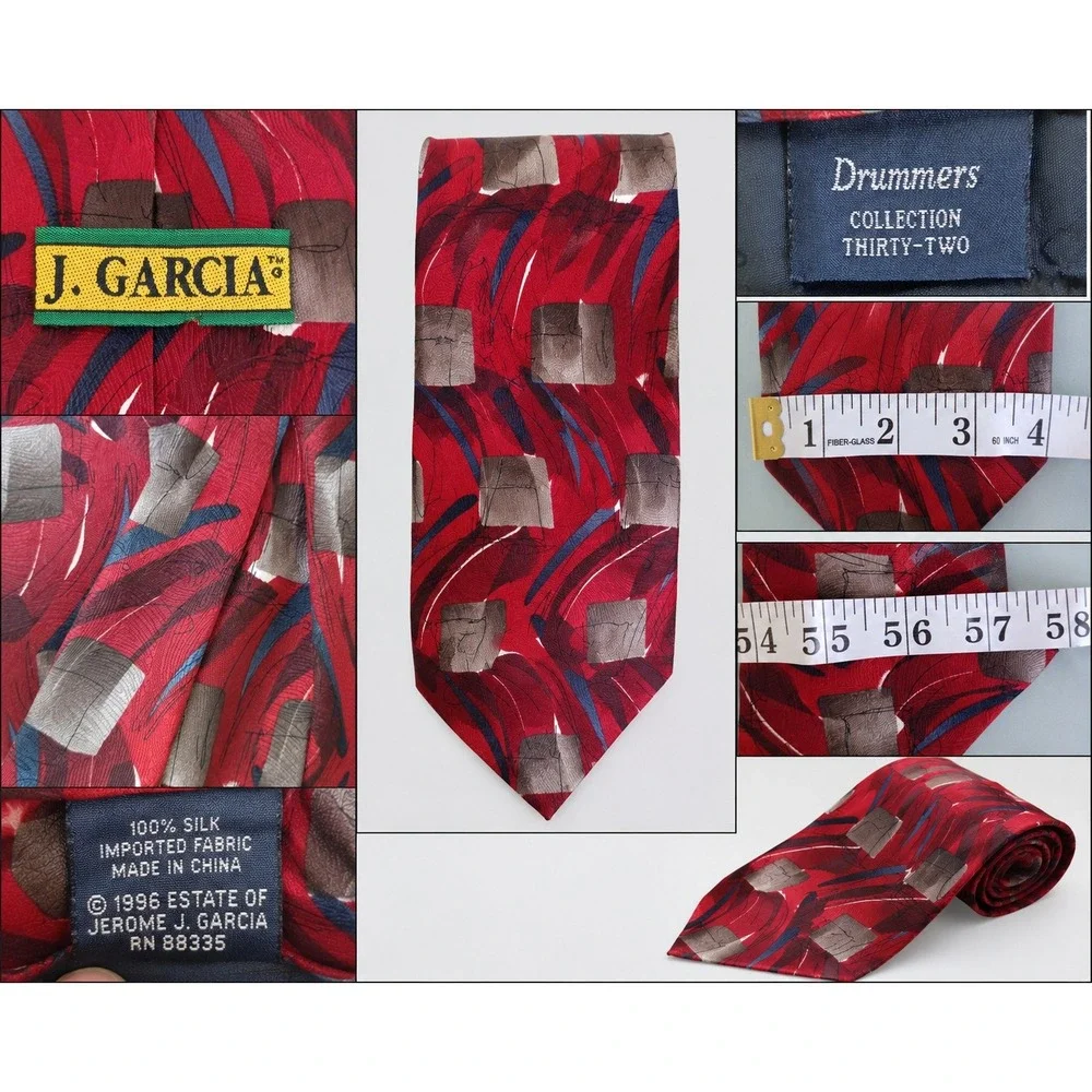J. Garcia Mens Red Abstract Silk Tie Drummers Collection‎ 32 Vintage 1996 57.5in